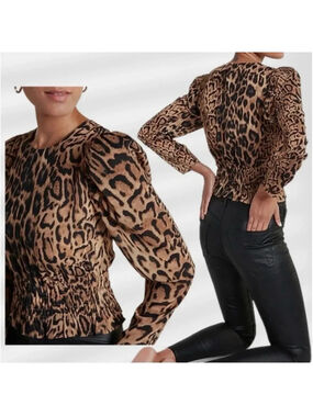 Express Leopard Print Long Puff Sleeve Smocked Stretch Waist Top Size Medium
